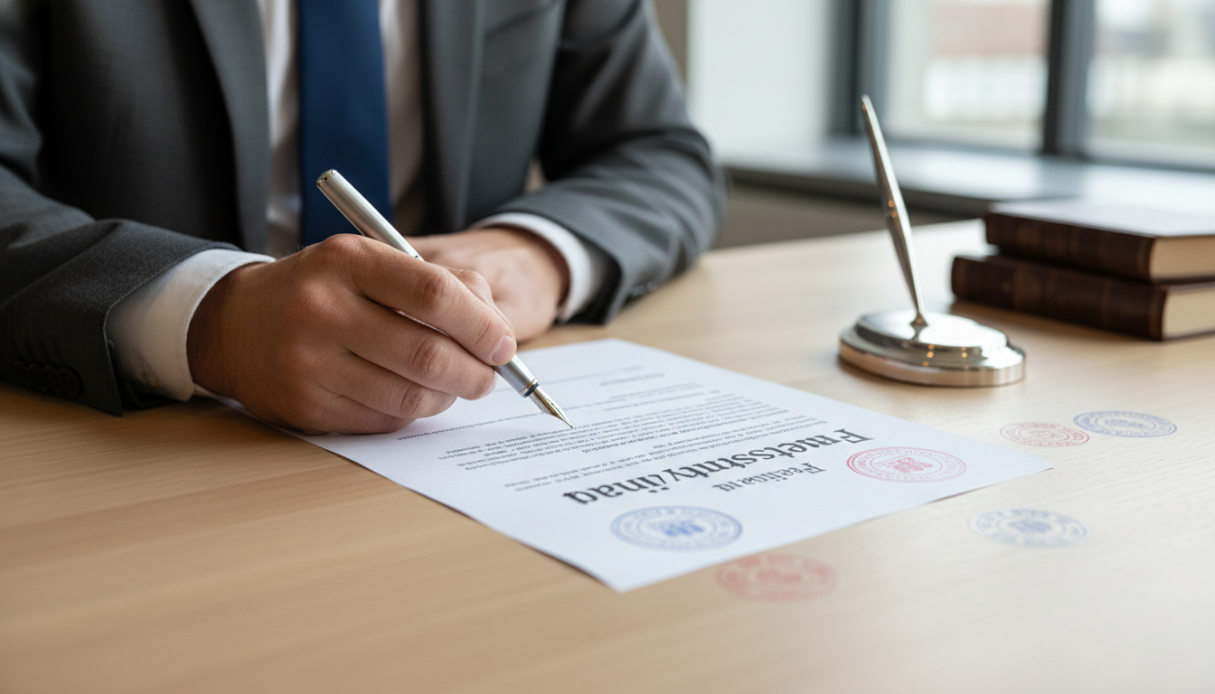 Adult signing Freier Dienstvertrag agreement