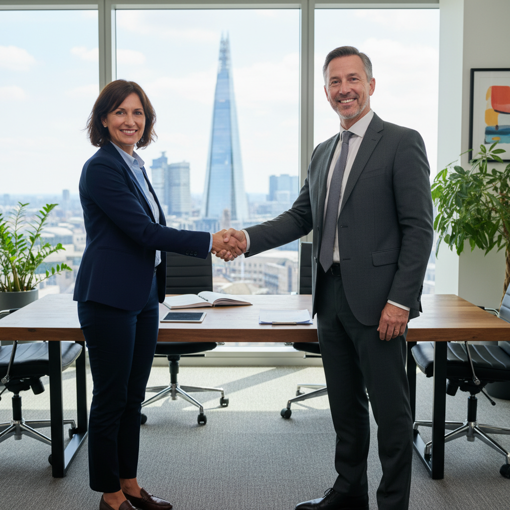 A photorealistic image of two professional adults, a freelancer and a client, shaking hands in a modern office setting, symbolizing a successful independent contractor agreement in the United Kingdom, with subtle British elements like a Union Jack flag in the background, no children present.