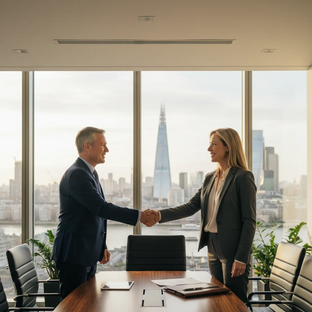 A photorealistic image of two professional adults in a modern UK office setting, shaking hands over a conference table to symbolize the agreement and partnership in an independent contractor arrangement. The scene conveys trust, collaboration, and business independence, with subtle UK elements like a Union Jack flag in the background. No children or legal documents visible.