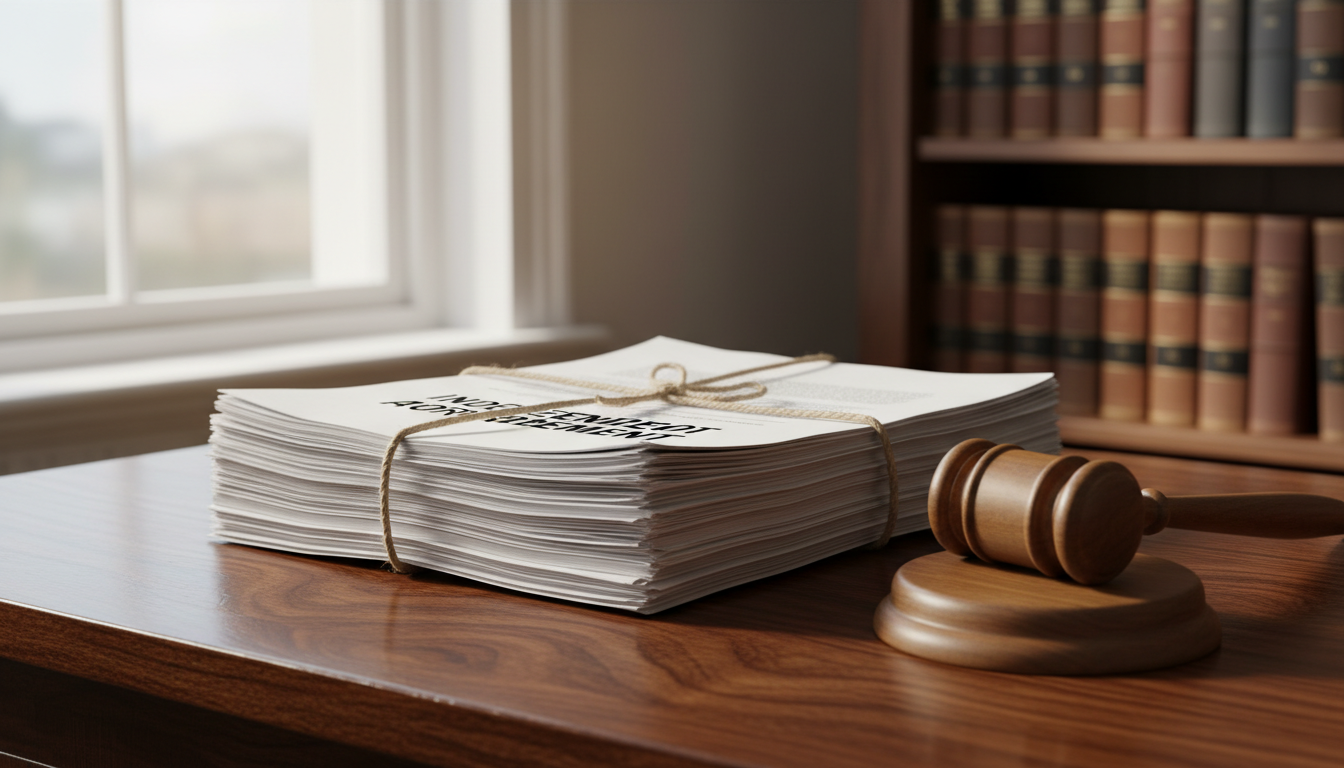 Legal documents stack with gavel