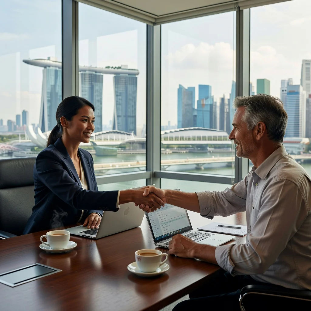 A photorealistic image depicting a professional business meeting in a modern Singapore office, where an independent contractor and a client are shaking hands over a table, symbolizing the agreement and partnership in a freelance work context. The scene includes elements like the Singapore skyline visible through the window, adults in business attire, no children present.