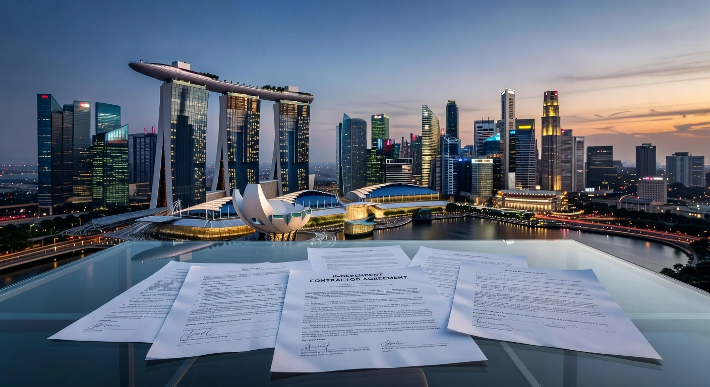 Singapore skyline with legal documents