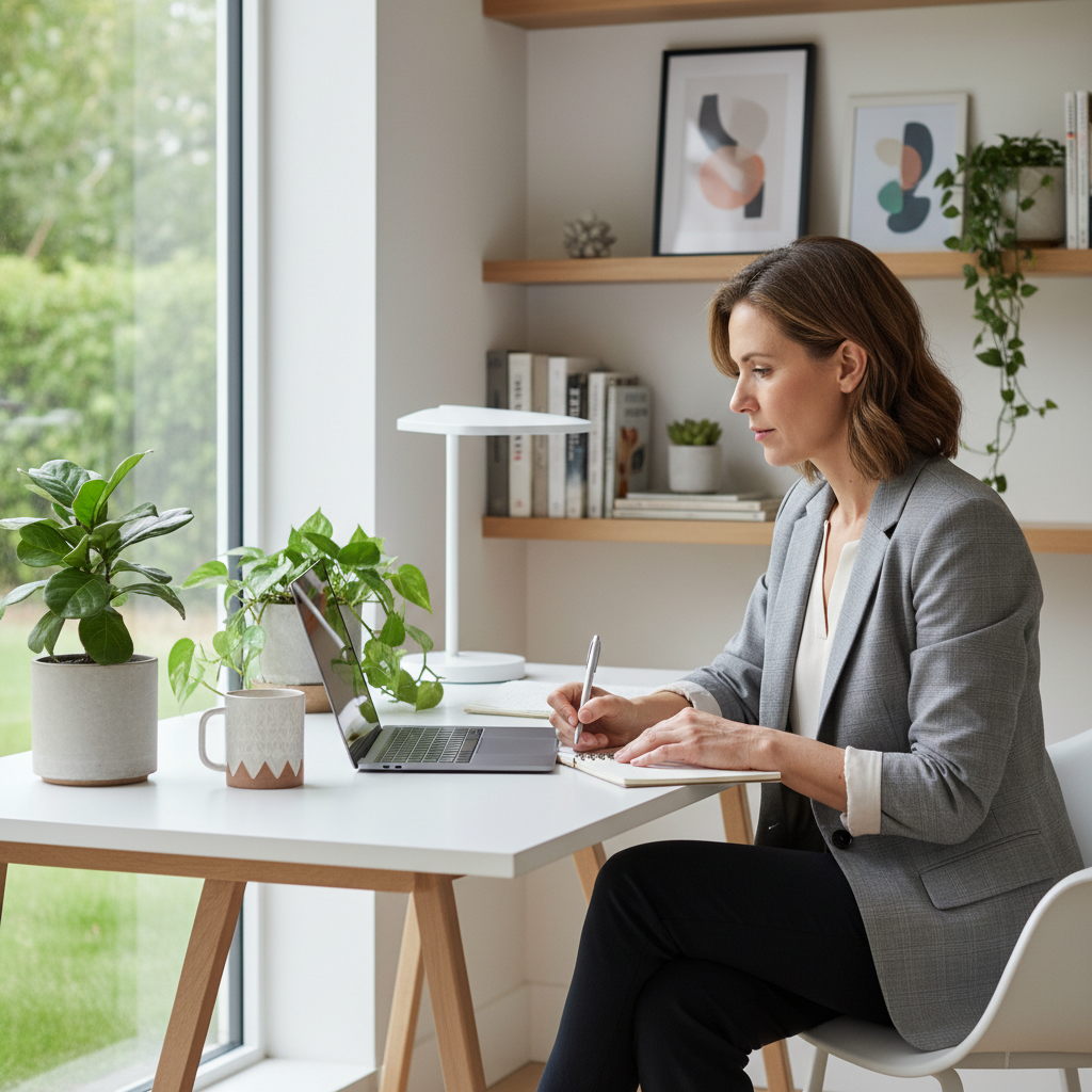 A photorealistic image depicting an independent contractor in a professional setting, such as a freelancer working independently at a desk with a laptop in a modern home office, symbolizing freedom and autonomy in work without showing any legal documents.