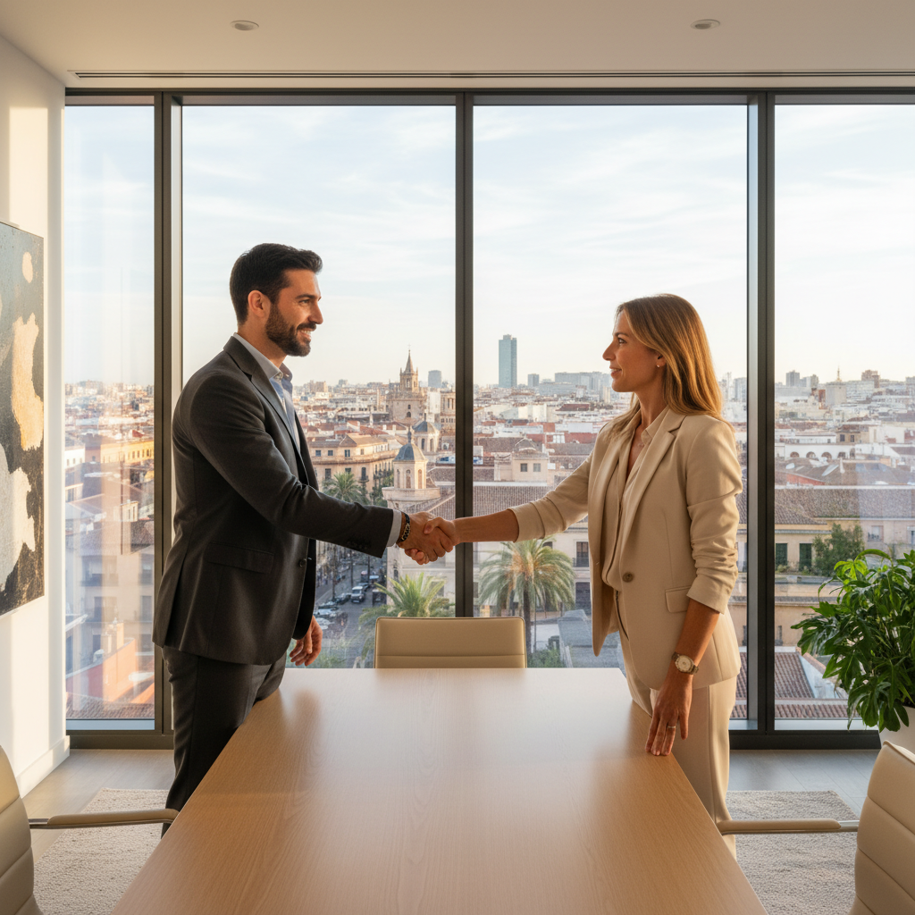 A photorealistic image depicting a professional business meeting between two adults in a modern Spanish office, symbolizing the agreement and service provision in a legal contract, with elements like a handshake over a table, no documents visible, conveying trust and partnership.