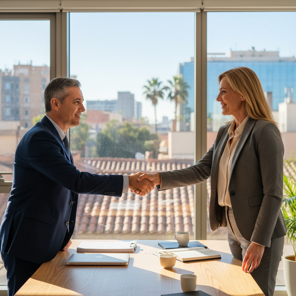 A photorealistic image of two professional adults in a modern Spanish office, shaking hands over a table with subtle legal paperwork in the background, symbolizing a service provision agreement. The scene conveys trust, partnership, and business collaboration in a professional setting in Spain.