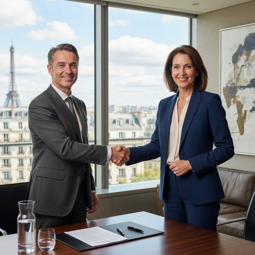 A photorealistic image of two professional adults in a modern French office, shaking hands over a service agreement, symbolizing a business service contract. The scene captures the essence of trust and partnership in French legal services, with elegant Parisian architecture visible through the window in the background. No children or any text/documents are shown.