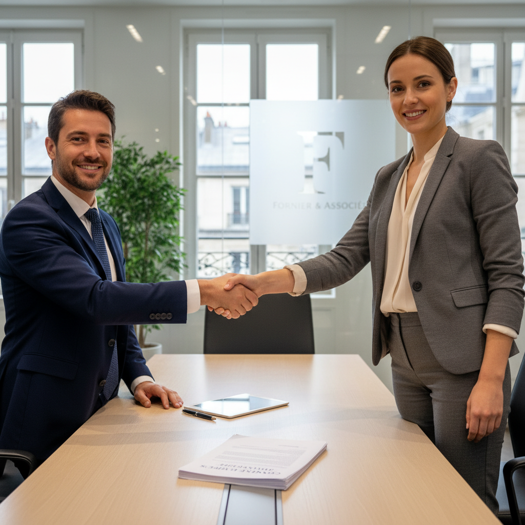 A professional business meeting in a modern French office, with adults shaking hands over a service agreement, symbolizing the contrat de prestation de services, photorealistic style.