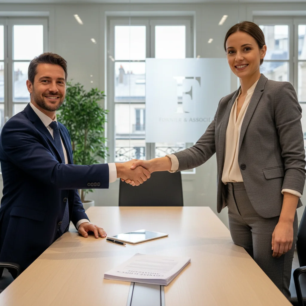 A professional business meeting in a modern French office, with adults shaking hands over a service agreement, symbolizing the contrat de prestation de services, photorealistic style.
