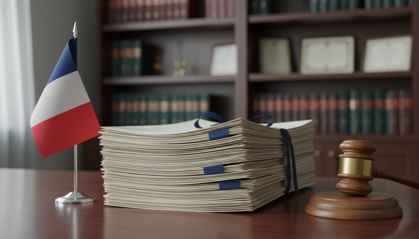 Legal documents stack with French flag