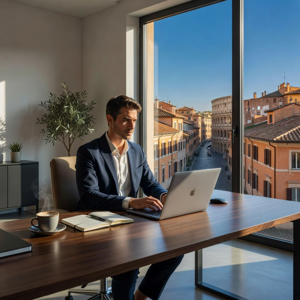 A photorealistic image of a professional freelancer working independently in a modern Italian office setting, symbolizing the autonomy of a Contratto di lavoro autonomo. The scene shows an adult individual at a desk with a laptop, surrounded by elements of Italian culture like a window view of historic architecture, emphasizing independence and professional freedom in Italy. No children are present.