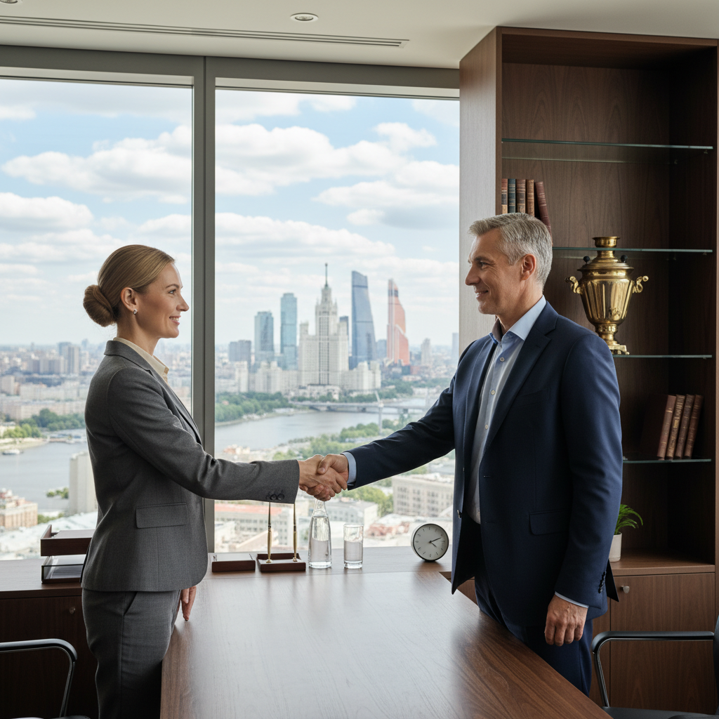 A photorealistic image of two professional adults in a modern Russian office, shaking hands over a desk to symbolize the agreement and purpose of a civil law contract, conveying trust and partnership in a business context, with subtle Russian elements like a flag or architecture in the background.