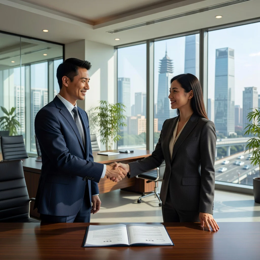 A photorealistic image of a professional adult Chinese worker in a modern office environment in China, signing an employment agreement with a colleague, symbolizing labor contract agreements. The scene conveys trust, professionalism, and collaboration in a business setting, with subtle Chinese cultural elements like office decor.
