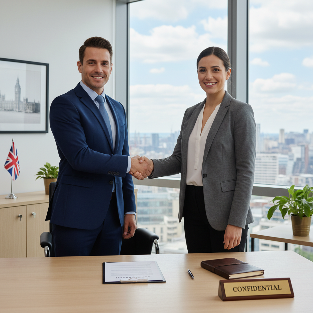 A photorealistic image of a professional adult employee in a modern UK office environment, shaking hands with a colleague during a job interview or onboarding meeting, symbolizing trust, confidentiality, and employment agreements. The scene conveys a sense of security and professional relationship without showing any legal documents.