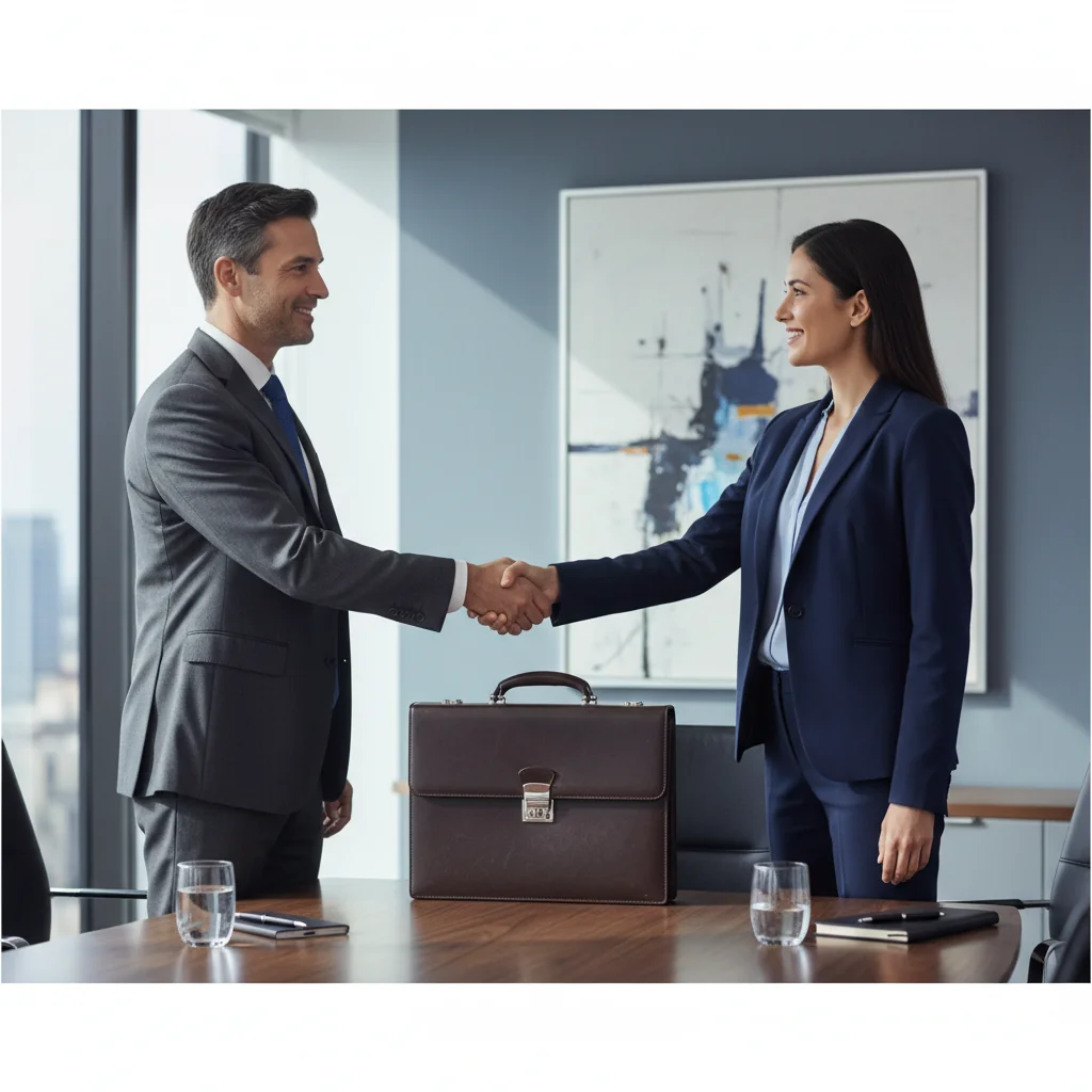 A photorealistic image of a professional business meeting in a modern office, where two adults are shaking hands across a conference table, symbolizing trust and confidentiality in employment agreements, with subtle elements like a locked briefcase or secure folder in the background to represent secrecy, no children present.