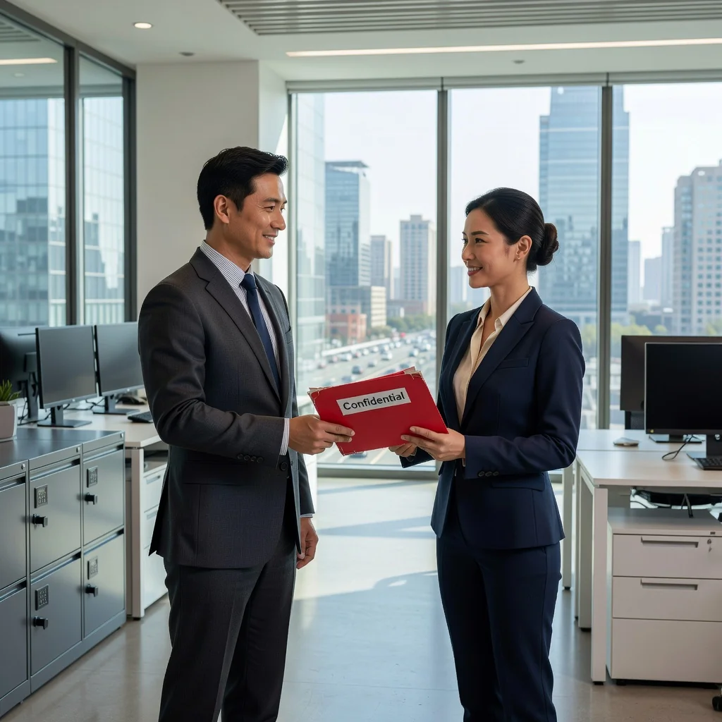 A photorealistic image of two professional adults in a modern Chinese office setting, one handing over a confidential folder to the other, symbolizing the protection of trade secrets in employment, with subtle elements like locked cabinets and secure computers in the background, conveying trust and confidentiality in a business context.