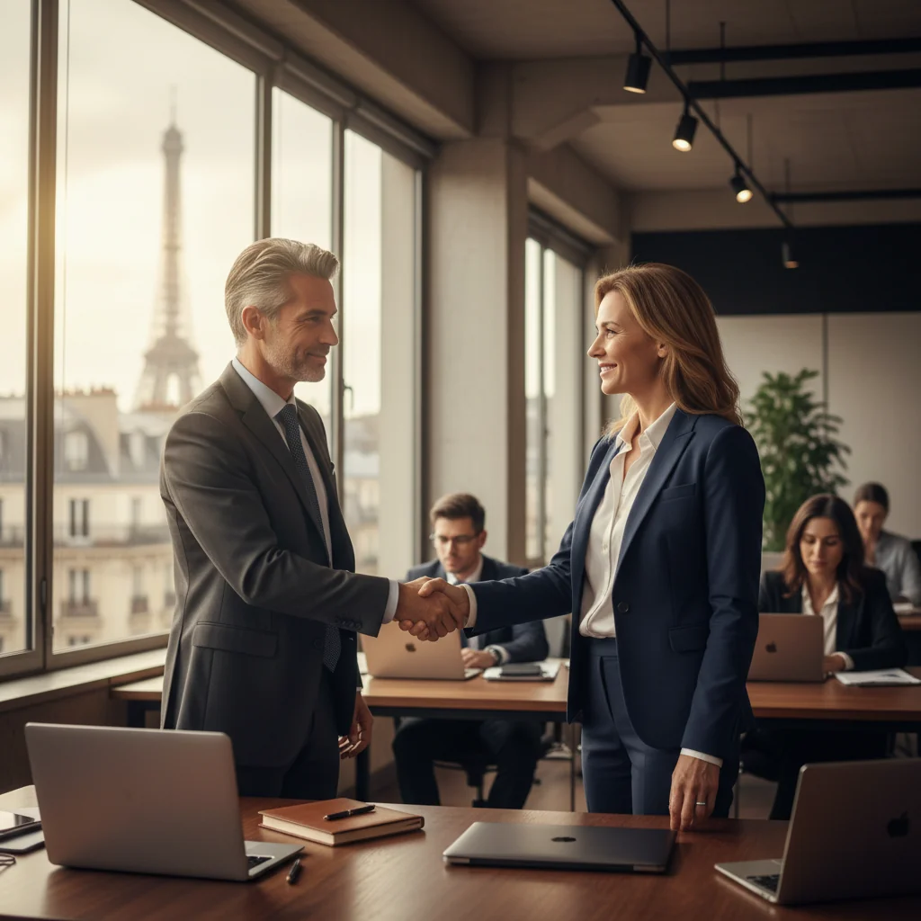 A photorealistic image of two professional adults in a modern French office setting, shaking hands across a desk to symbolize trust and confidentiality in employment agreements, with subtle French elements like a window view of Paris in the background, conveying security and professional partnership without focusing on any documents.