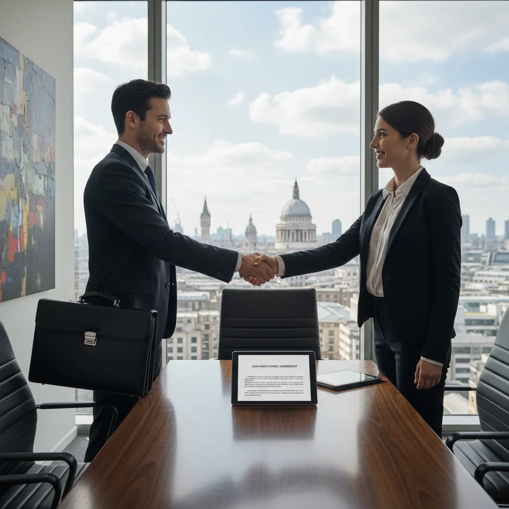 A photorealistic image of a professional business meeting in a modern UK office, showing two adults shaking hands across a conference table, symbolizing agreement and confidentiality in employment, with subtle elements like a locked briefcase or secure folder nearby, conveying trust and protection of sensitive information without displaying any documents.