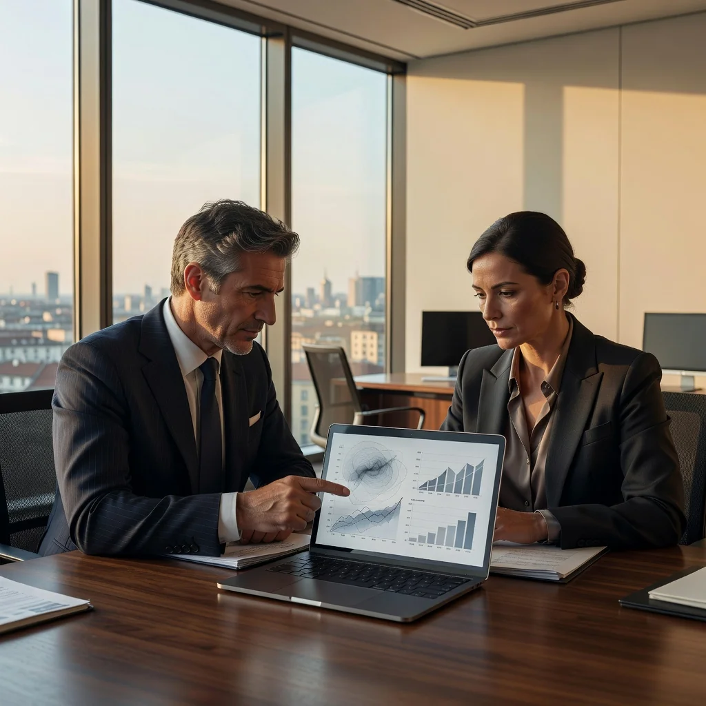 A photorealistic image depicting two professional adults in a modern Italian office setting, engaged in a confidential discussion about business strategies, symbolizing the protection of sensitive information in a workplace context, with no children present.