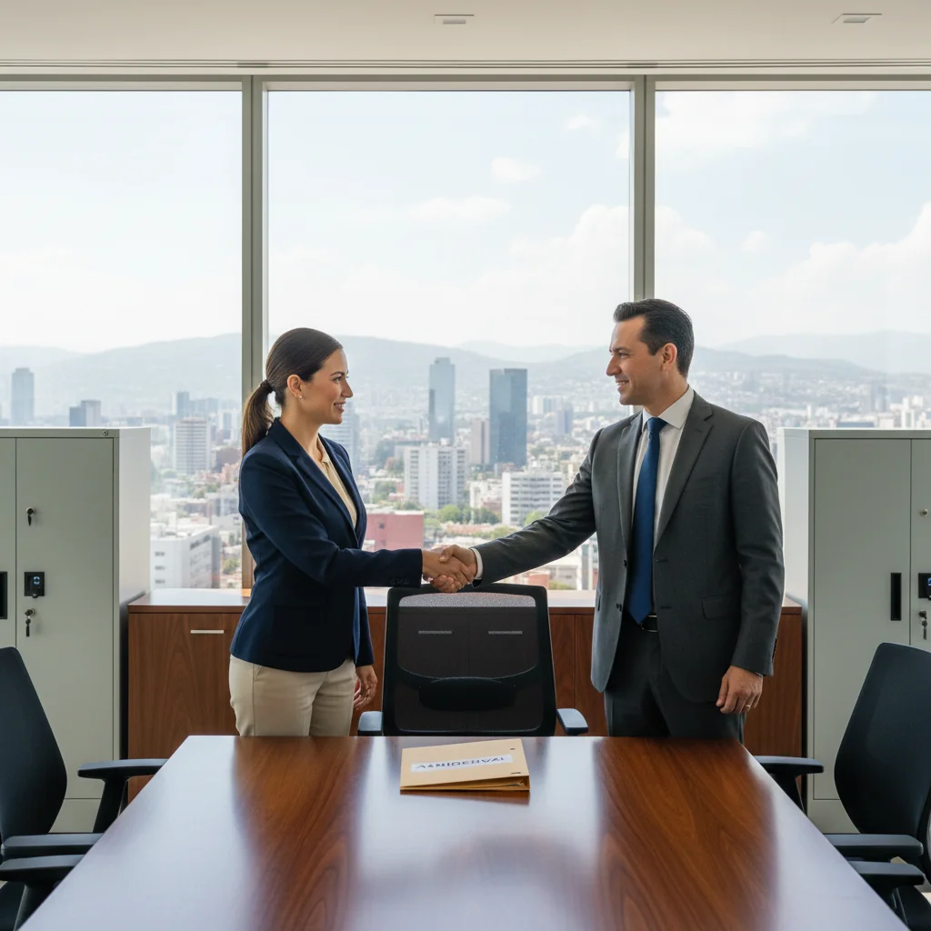 A photorealistic image of two professional adults in a modern Mexican office setting, engaged in a serious discussion about business confidentiality, symbolizing the importance of signing non-disclosure agreements. One person is handing over a folder to the other, with subtle elements like locked cabinets or secure documents in the background, conveying trust and protection of sensitive information. The atmosphere is professional and trustworthy, set against a backdrop of Mexico City skyline visible through windows.