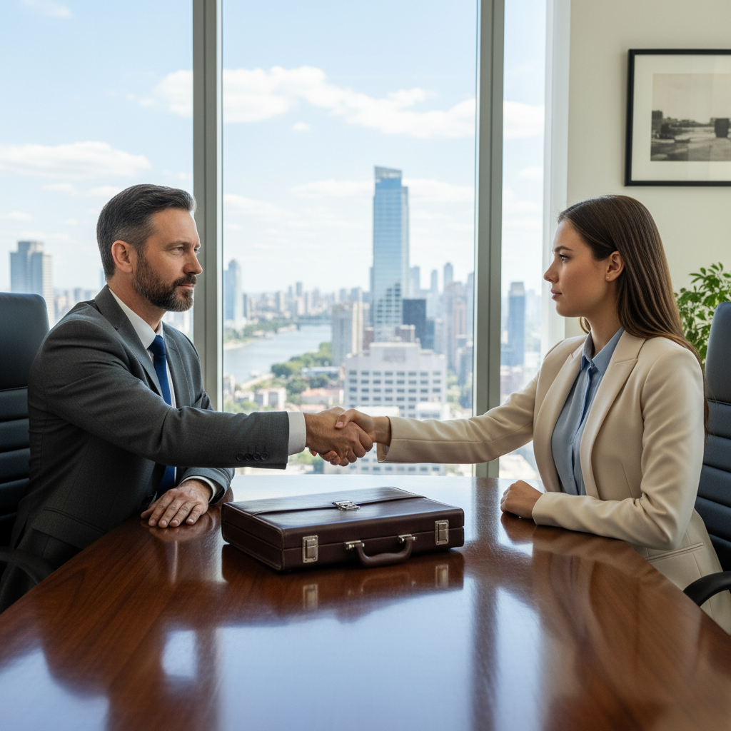 A photorealistic image of two professional adults in a modern office setting, one an employer and one an employee, engaged in a confidential discussion about workplace privacy, with subtle elements like a locked folder or secure handshake, emphasizing trust and professional boundaries in employment without showing any legal documents.