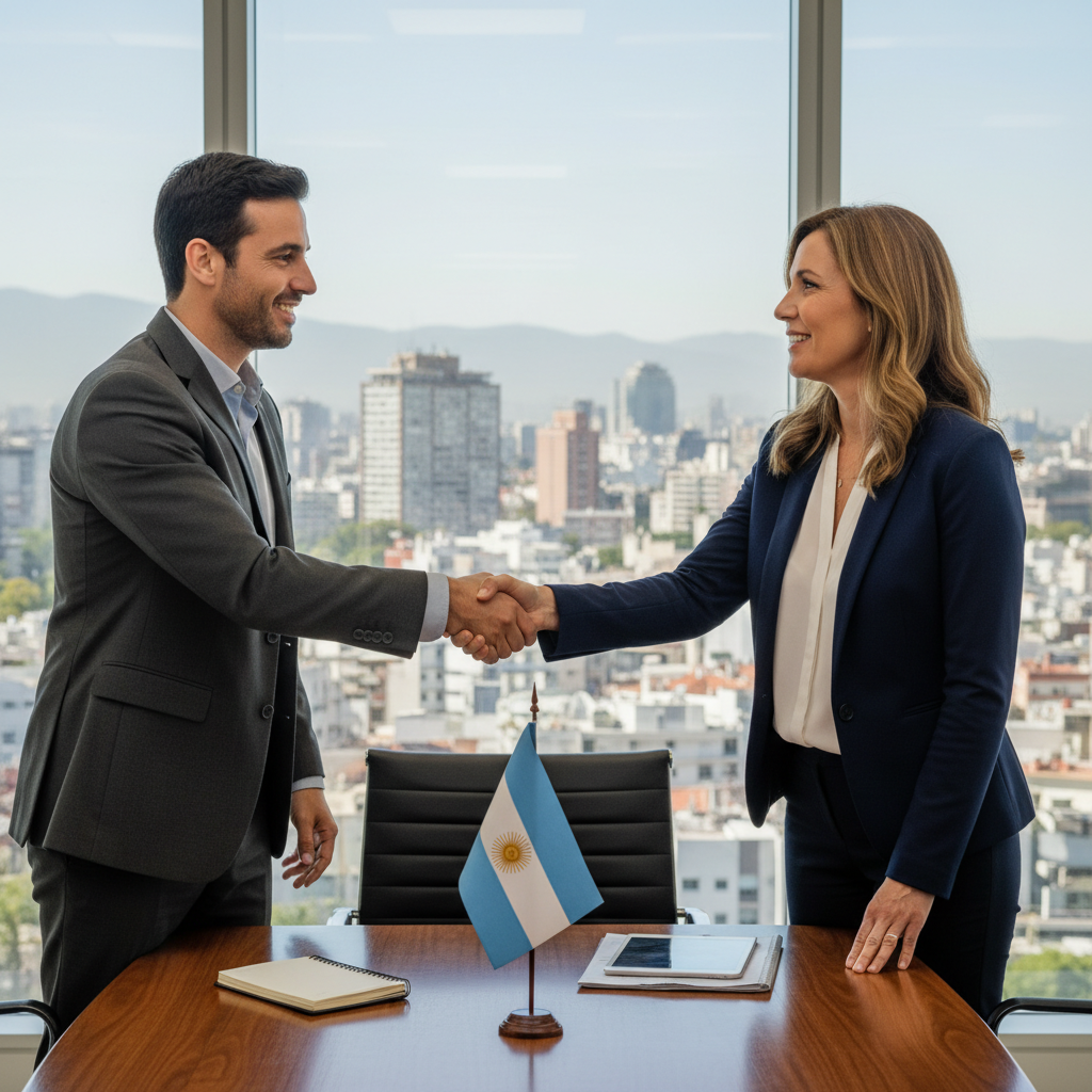 A photorealistic image of a professional business meeting in an Argentine office setting, featuring two adult colleagues, one male and one female, shaking hands across a conference table, symbolizing trust and confidentiality in an employment context. The scene includes subtle Argentine elements like a flag or mate cup in the background, with natural lighting from a window overlooking Buenos Aires skyline. No children, no legal documents visible.