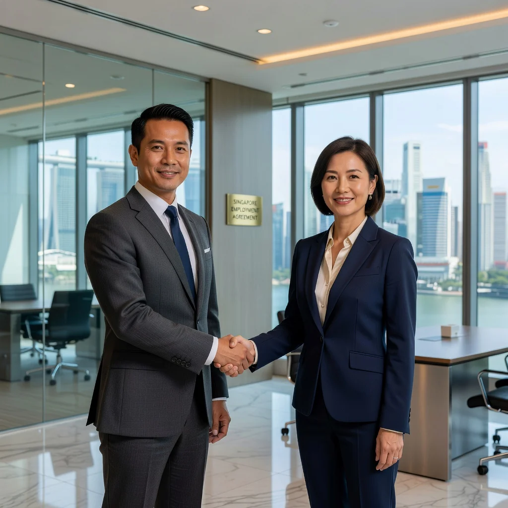 A photorealistic image of a professional business meeting in a modern Singapore office, featuring two adults shaking hands across a conference table with city skyline view in the background, symbolizing agreement and confidentiality in employment without showing any documents.