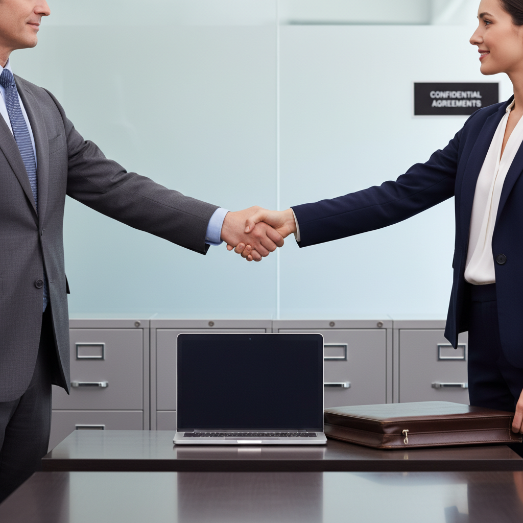 A photorealistic image of two professional adults in a modern office setting, shaking hands across a desk to symbolize trust and confidentiality in a business agreement, with subtle elements like locked folders or secure laptops in the background, conveying protection of sensitive information in a work environment.