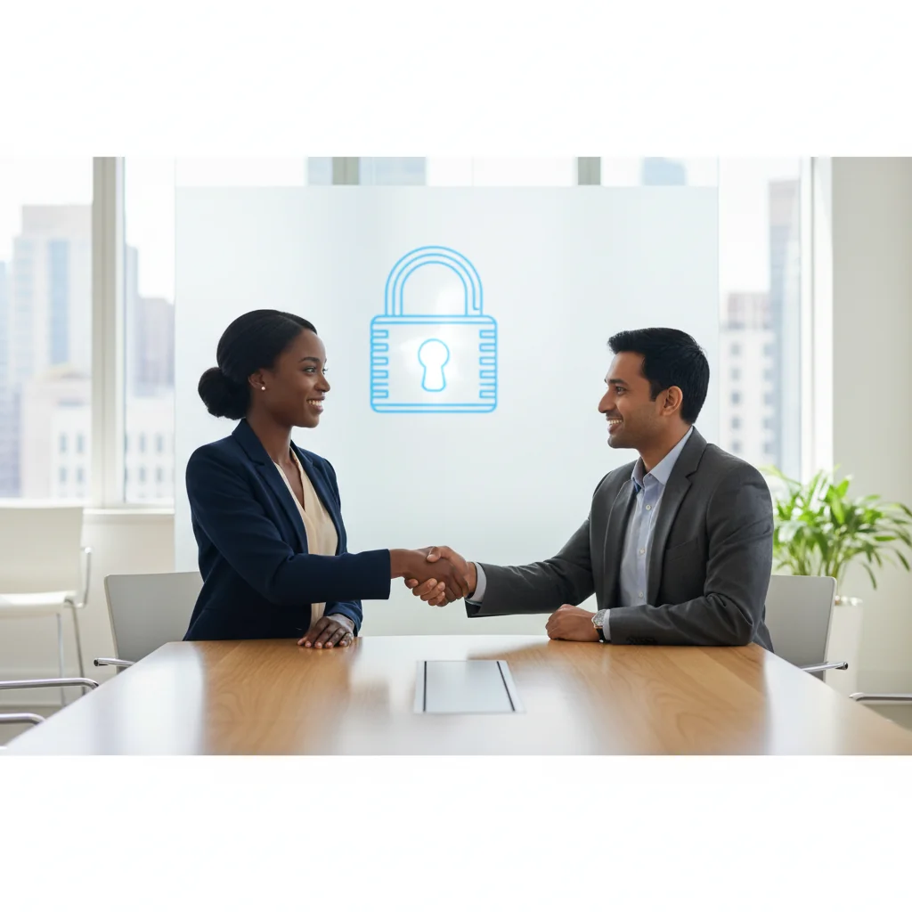 A professional office setting where two business colleagues are shaking hands across a conference table, symbolizing trust and confidentiality in a US workplace. The scene conveys security and partnership without showing any documents, with a modern office background including subtle American flag elements.