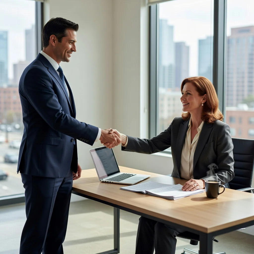 A photorealistic image of a professional adult employee in a modern office environment, shaking hands with a colleague across a desk, symbolizing the start of employment and the importance of clear agreements, with a subtle background of a city skyline visible through windows, conveying trust and professionalism without any legal documents in focus.