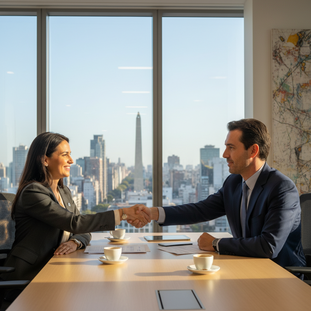 A photorealistic image depicting a professional handshake between a business executive and a new employee in a modern Argentine office setting, symbolizing trust, confidentiality, and the start of a secure employment relationship. The scene includes subtle elements like a cityscape view of Buenos Aires through a window, emphasizing the context in Argentina. No children are present in the image.