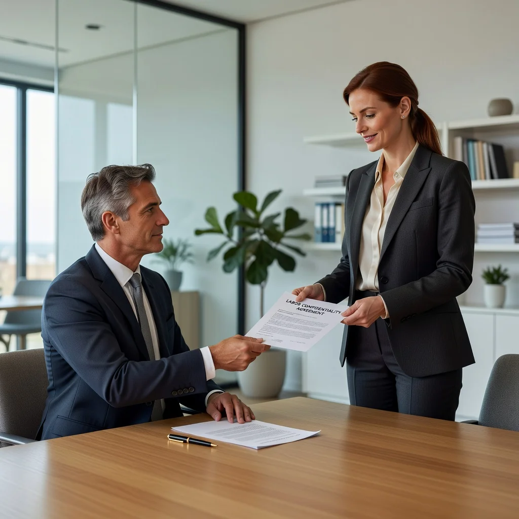A photorealistic image of a professional adult employee in a modern office environment, signing a confidentiality agreement with a colleague, symbolizing the importance of labor secrecy in employment, no children present, highly detailed and realistic.