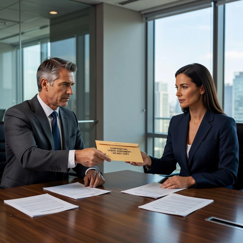 A photorealistic image depicting a professional business meeting in a modern corporate office, where two adult colleagues, one handing a document to the other, symbolizing the signing and agreement on a labor confidentiality protocol, emphasizing trust and protection of company secrets in a work environment, no children present, highly detailed and realistic photography style.