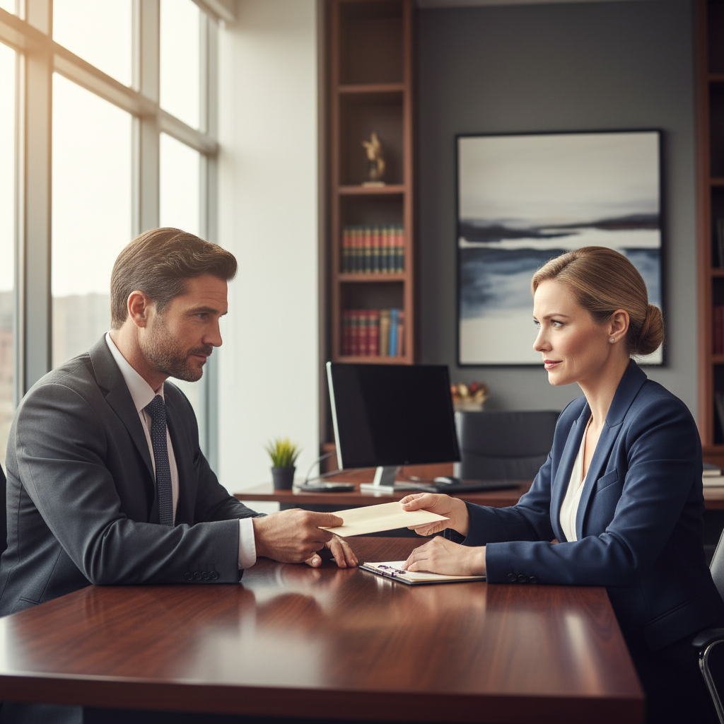 A photorealistic image of two professional adults in a modern office setting, one handing a document to the other while maintaining eye contact, symbolizing trust and confidentiality in an employment agreement. The scene conveys professionalism and security without showing any legal documents explicitly.
