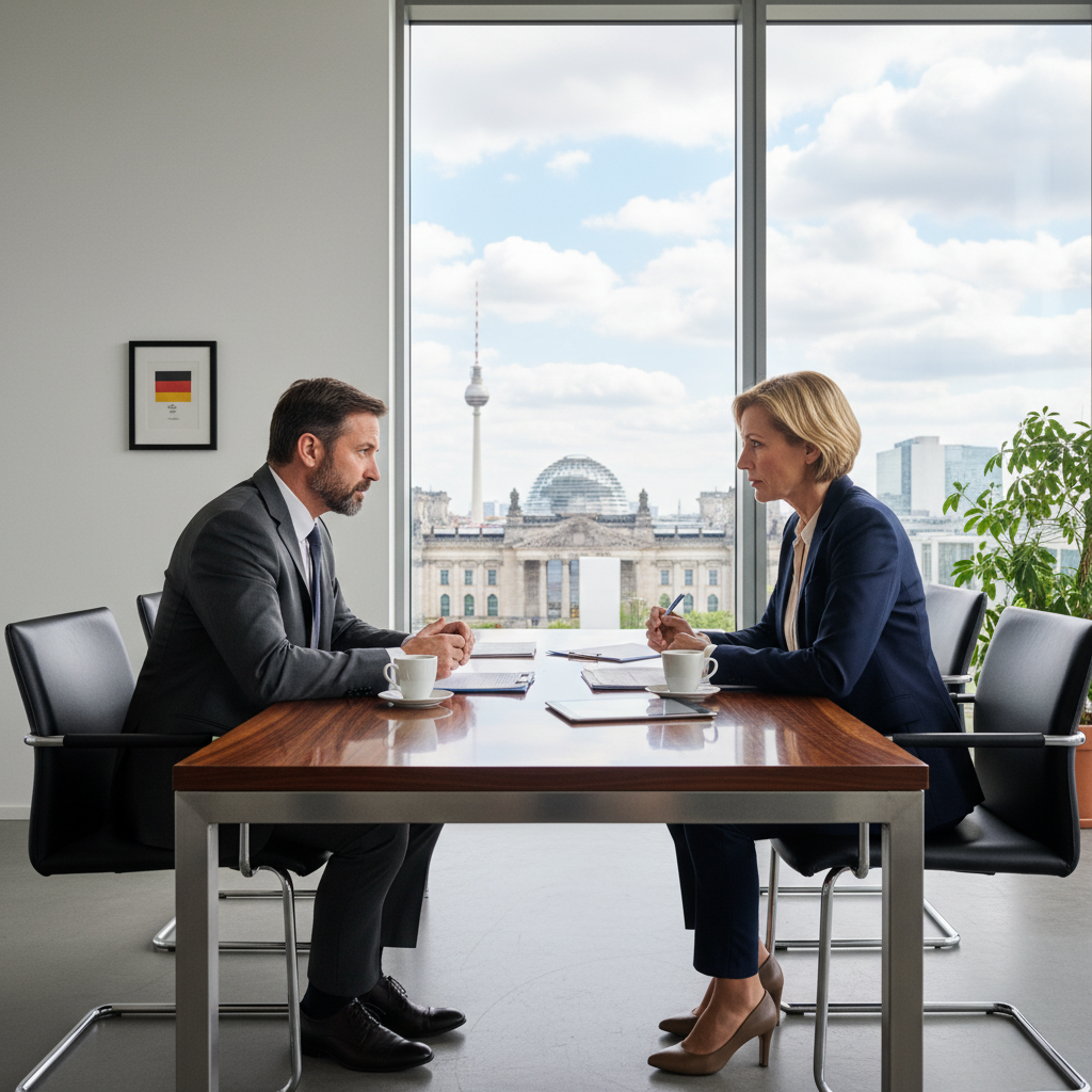 A photorealistic image symbolizing confidentiality in a German business setting, featuring two professional adults in a modern office shaking hands across a desk with subtle German elements like a flag or architecture in the background, conveying trust and secrecy without showing any documents.