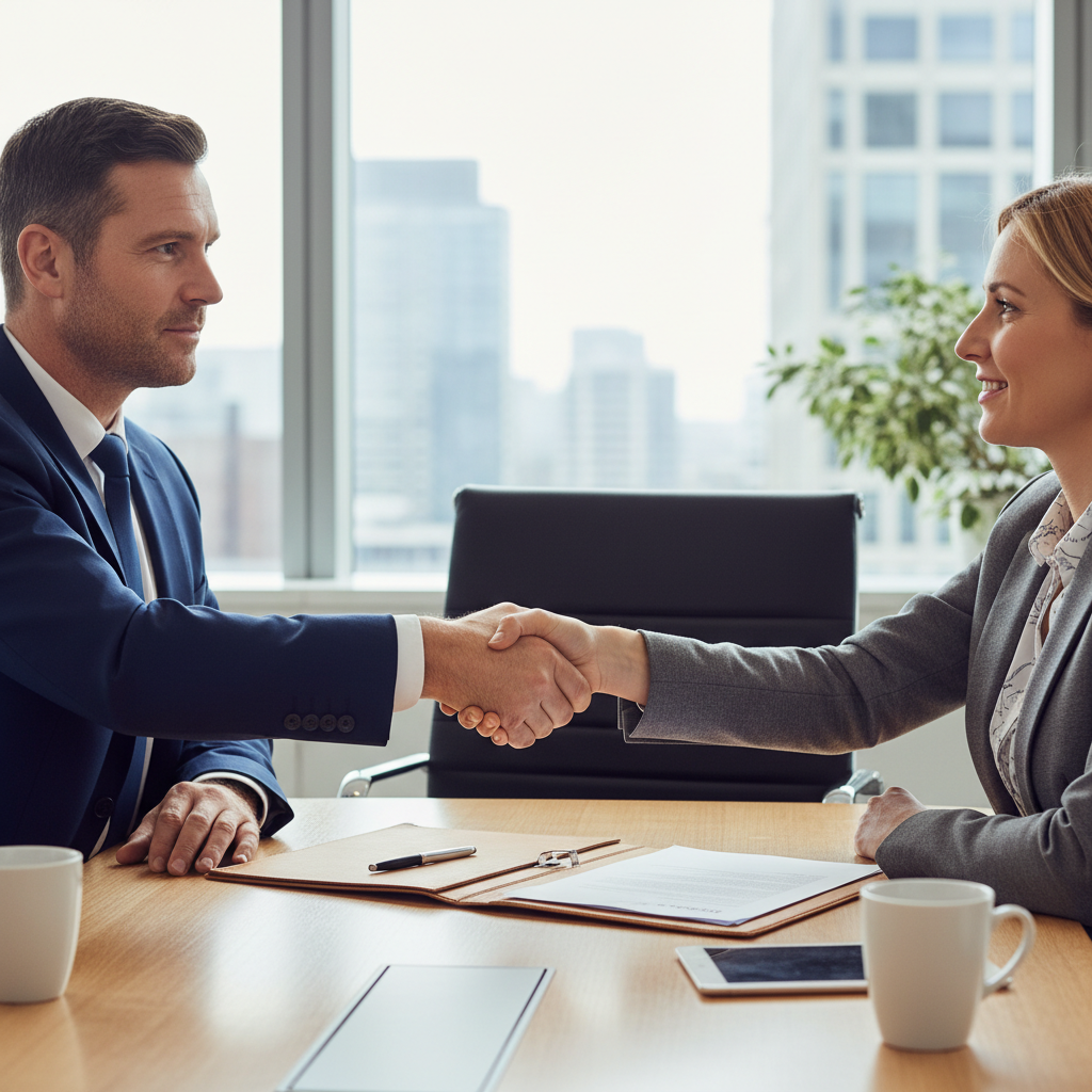 A photorealistic image of a professional business meeting in a modern UK office, featuring two adult colleagues shaking hands across a conference table, symbolizing trust and confidentiality in employment agreements, with no children or legal documents visible.