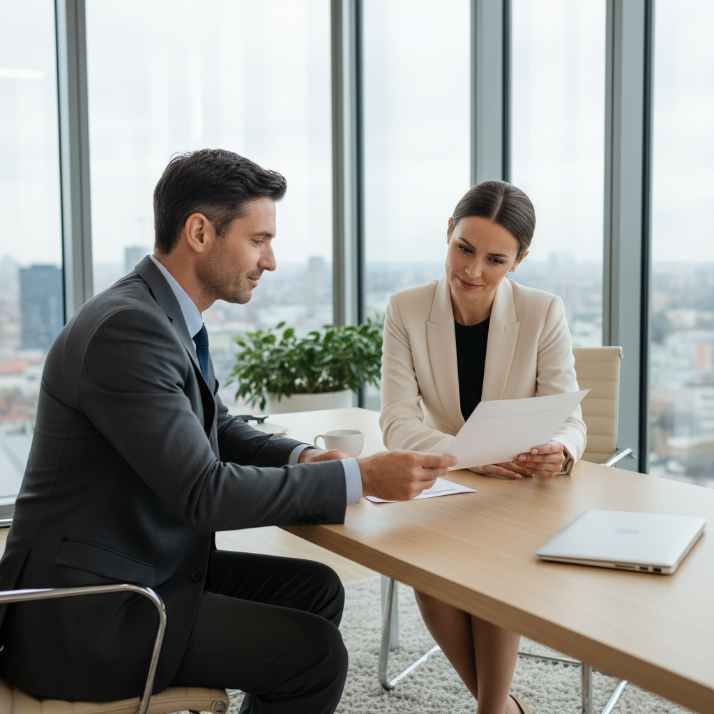 A photorealistic image of two professional adults in a modern office setting, engaged in a serious conversation about workplace confidentiality, with one person signing a document while the other looks on trustingly, emphasizing trust and protection of sensitive information in an employment context. No children are present in the image.