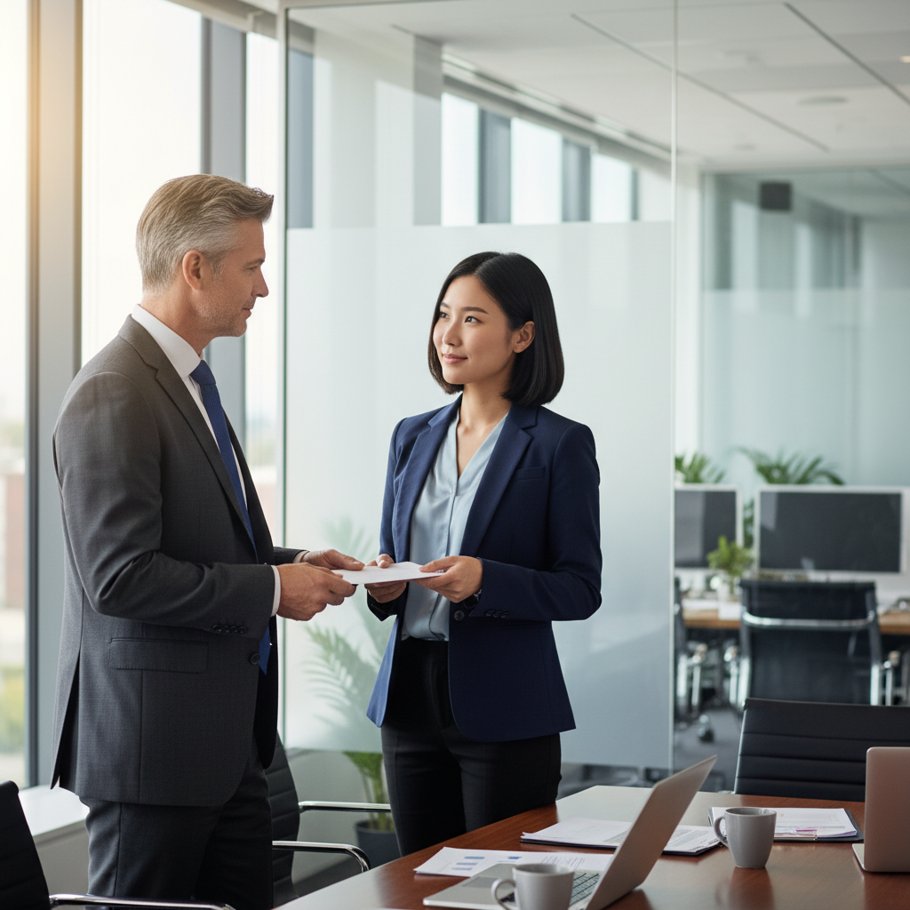 A photorealistic image of two professional adults in a modern office setting, one handing over a symbolic key or envelope to the other, representing trust and confidentiality in a workplace agreement, with no children present.