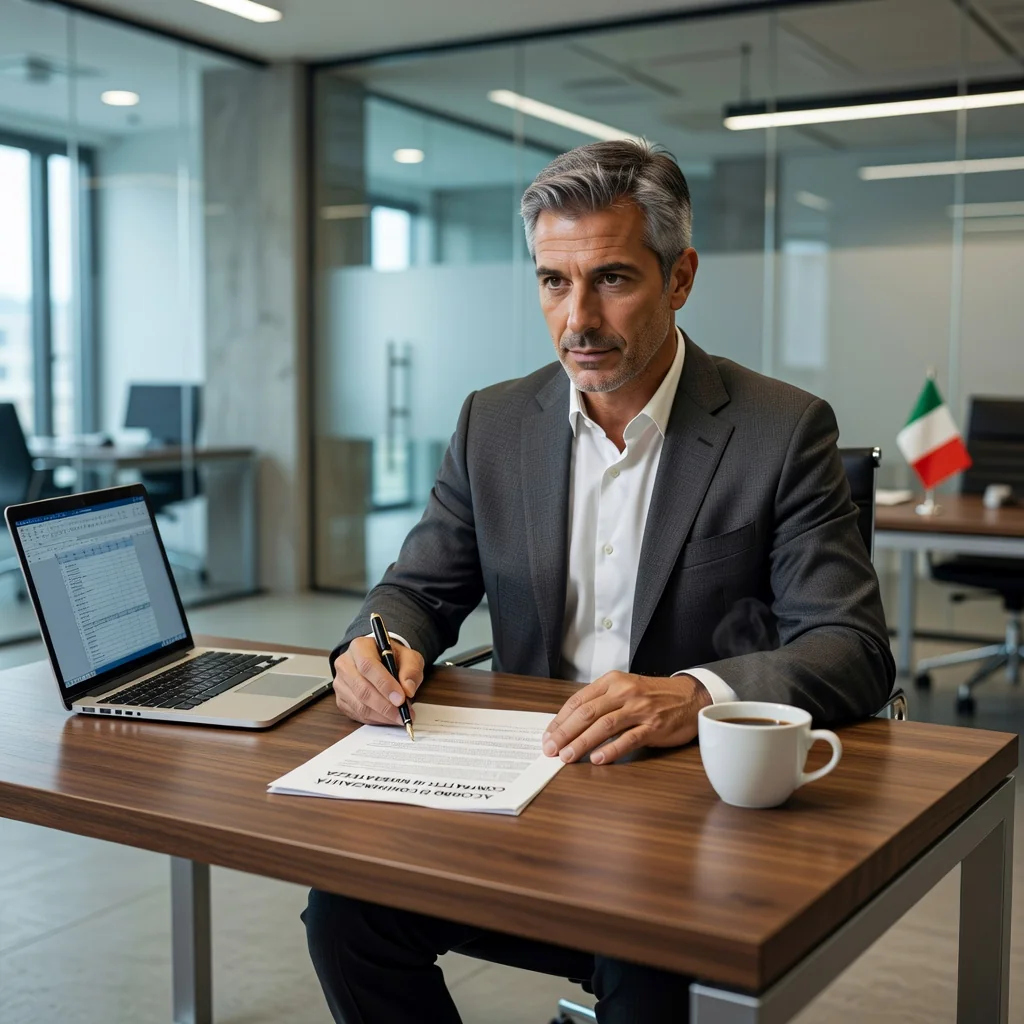 A photorealistic image of a professional adult employee in a modern Italian office setting, reviewing important documents on a desk with a thoughtful expression, symbolizing rights and obligations in employment agreements, no children present.