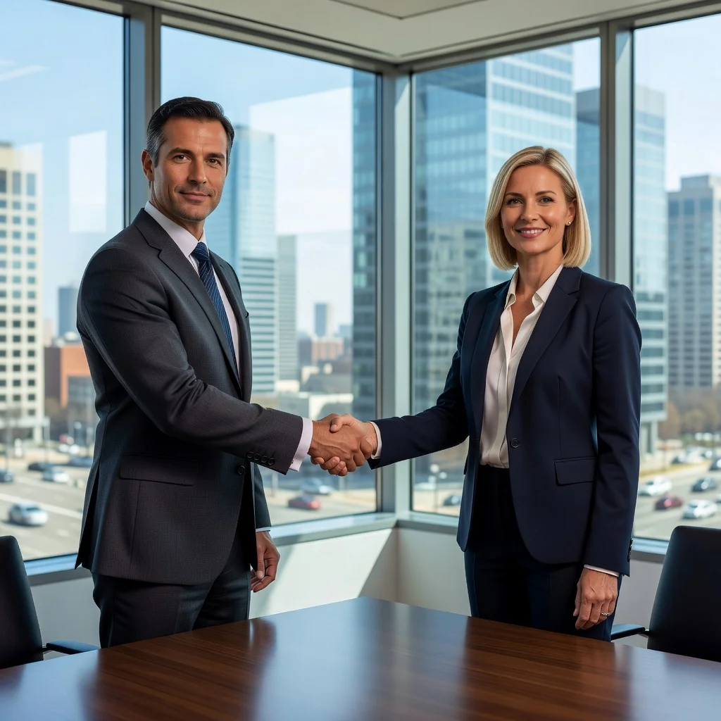 A photorealistic image depicting a professional business meeting between two adults in a modern office setting, symbolizing the careful negotiation and agreement aspects of workplace NDAs, with handshakes and confident expressions, no legal documents visible, emphasizing trust and collaboration in a professional environment.