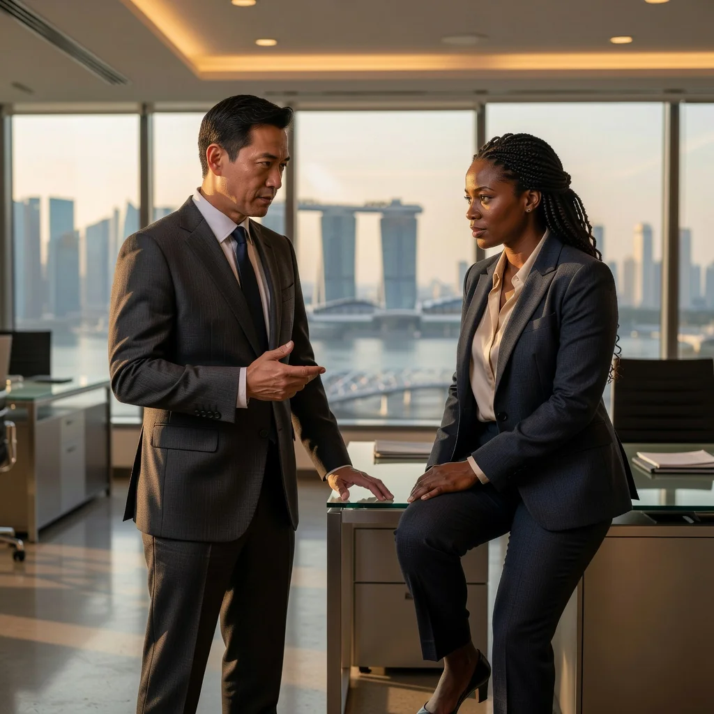 A professional scene in a modern Singapore office representing confidentiality and trust in employment, featuring diverse adult professionals engaged in a confidential discussion around a conference table, with elements like a subtle Singapore skyline in the background, emphasizing security and professionalism without showing any documents.