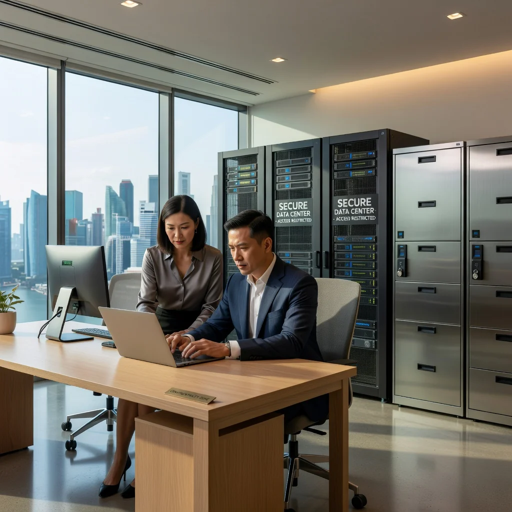 A photorealistic image of a professional adult employee in a modern Singapore office environment, symbolizing trust and confidentiality in employment. The employee is an adult in business attire, working at a desk with a computer, surrounded by subtle elements like locked filing cabinets or secure data icons in the background, representing the protection of sensitive information without showing any legal documents.