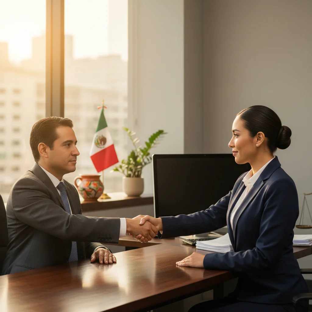 A photorealistic image of two professional adults in a modern Mexican office setting, shaking hands across a desk to symbolize trust and confidentiality in a labor agreement, with subtle Mexican cultural elements like a flag or decor in the background, conveying security and professional partnership without focusing on documents.