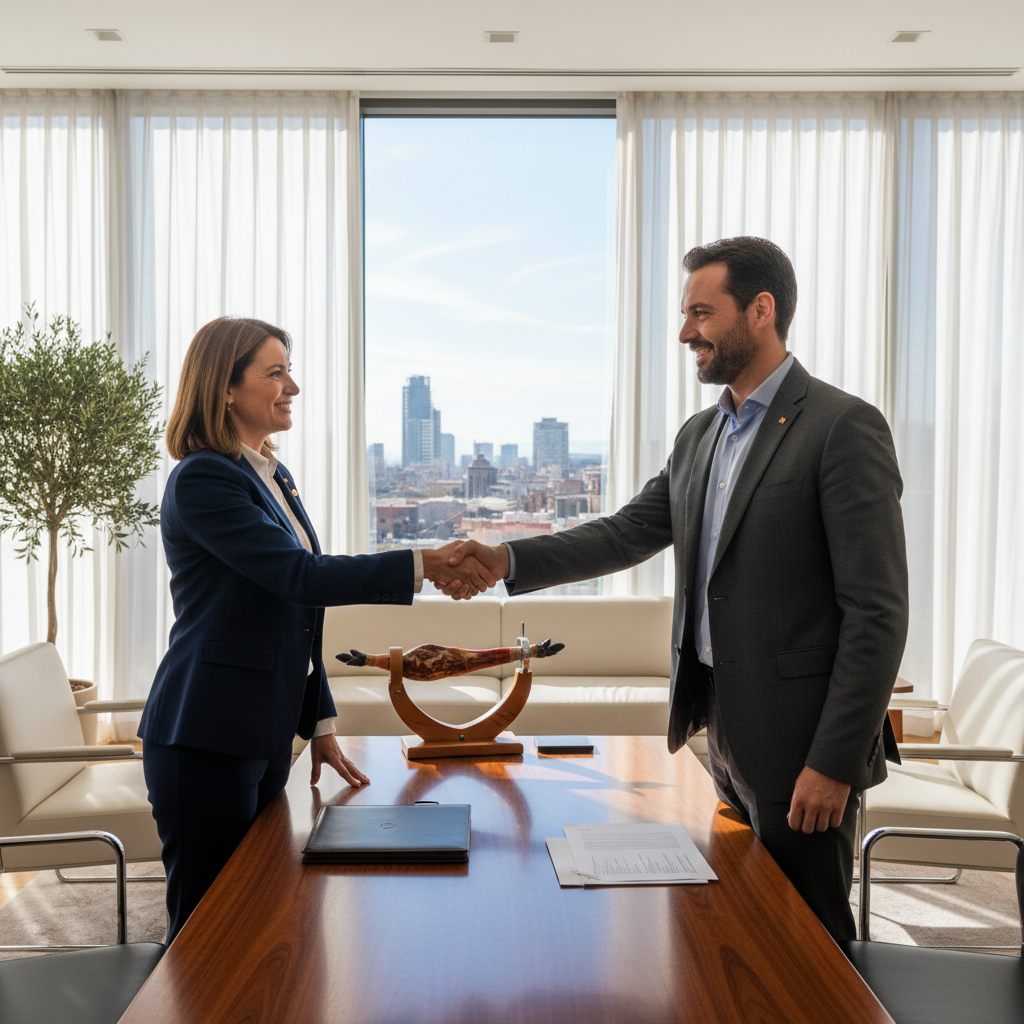 A photorealistic image depicting a professional handshake between two adults in a modern office environment in Spain, symbolizing trust and confidentiality in employment agreements, with subtle Spanish elements like a flag or architecture in the background, no children present.