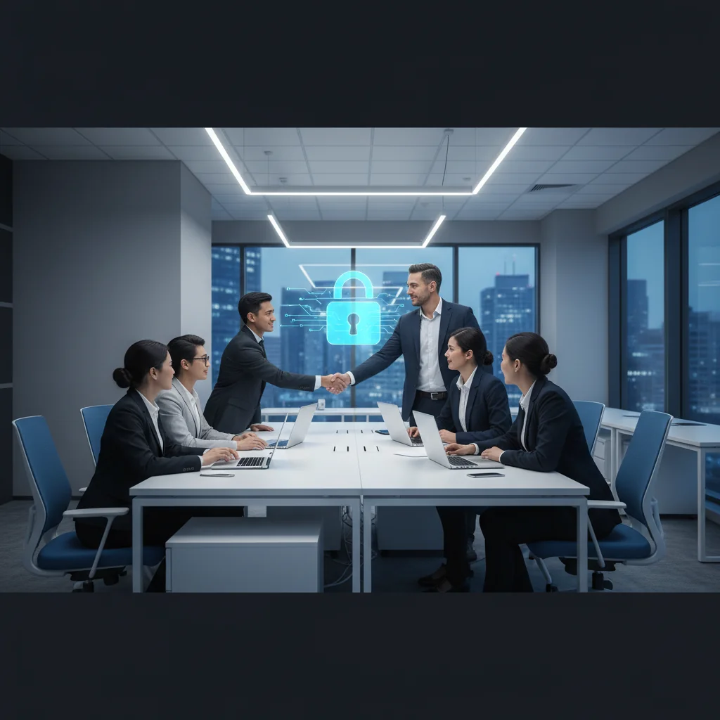 A professional office setting showing a diverse group of employees in a modern workplace, symbolizing confidentiality and trust in employment relationships. The image conveys security and professionalism without directly depicting legal documents.