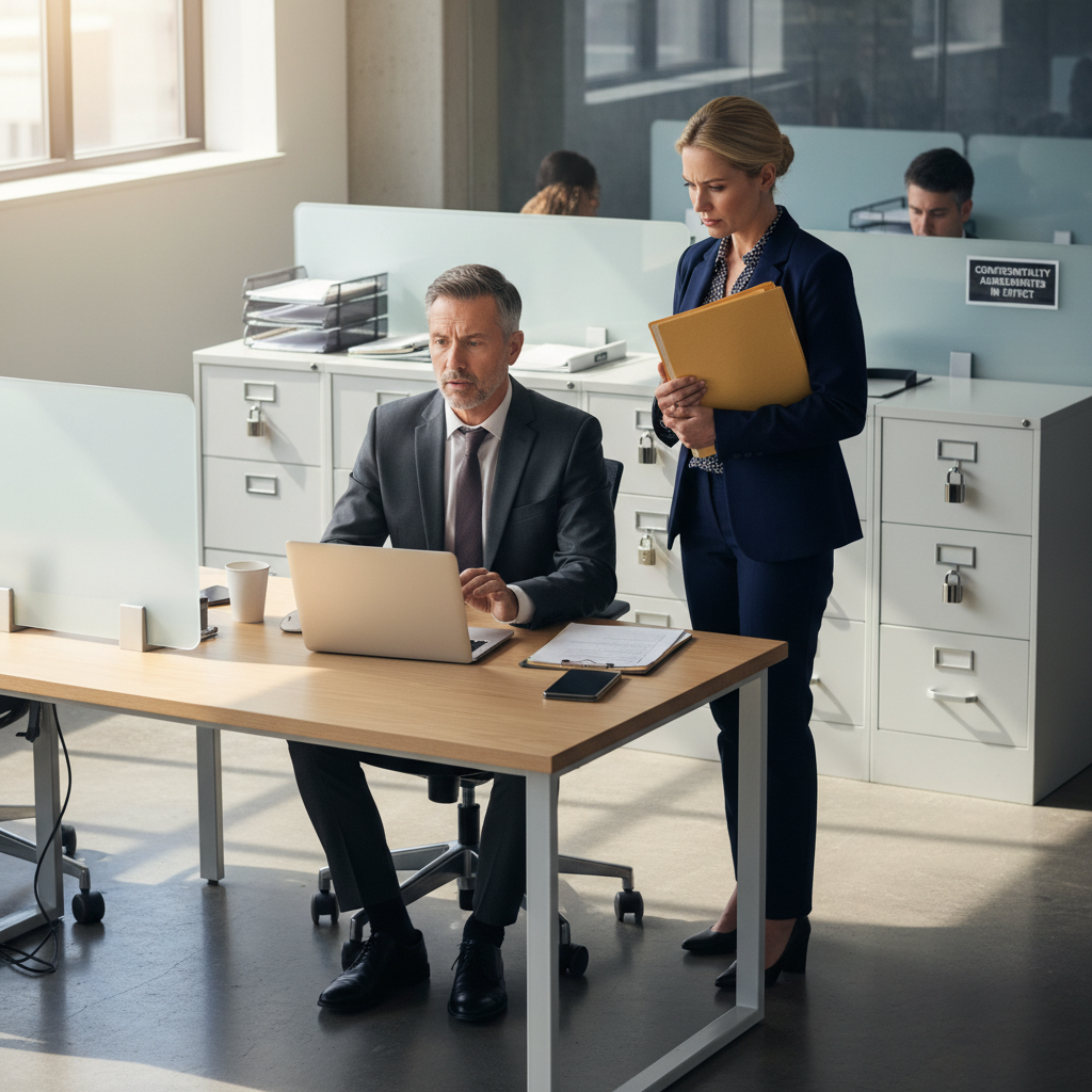 A photorealistic image of a professional office setting where an adult employee looks concerned while discussing confidential information with a colleague, symbolizing the importance of workplace confidentiality agreements and potential sanctions for breaches, with no children present.