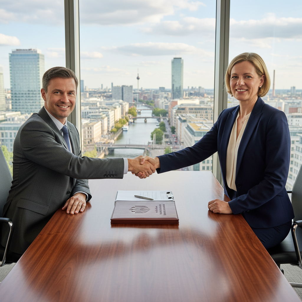 A photorealistic image of a professional adult employee in a modern German office environment, shaking hands with a colleague during a job interview or signing agreement, symbolizing employment contracts and confidentiality agreements. The scene conveys trust, professionalism, and workplace collaboration in Germany, with subtle German elements like a flag or architecture in the background. No children, no documents visible, strictly photorealistic photography style.