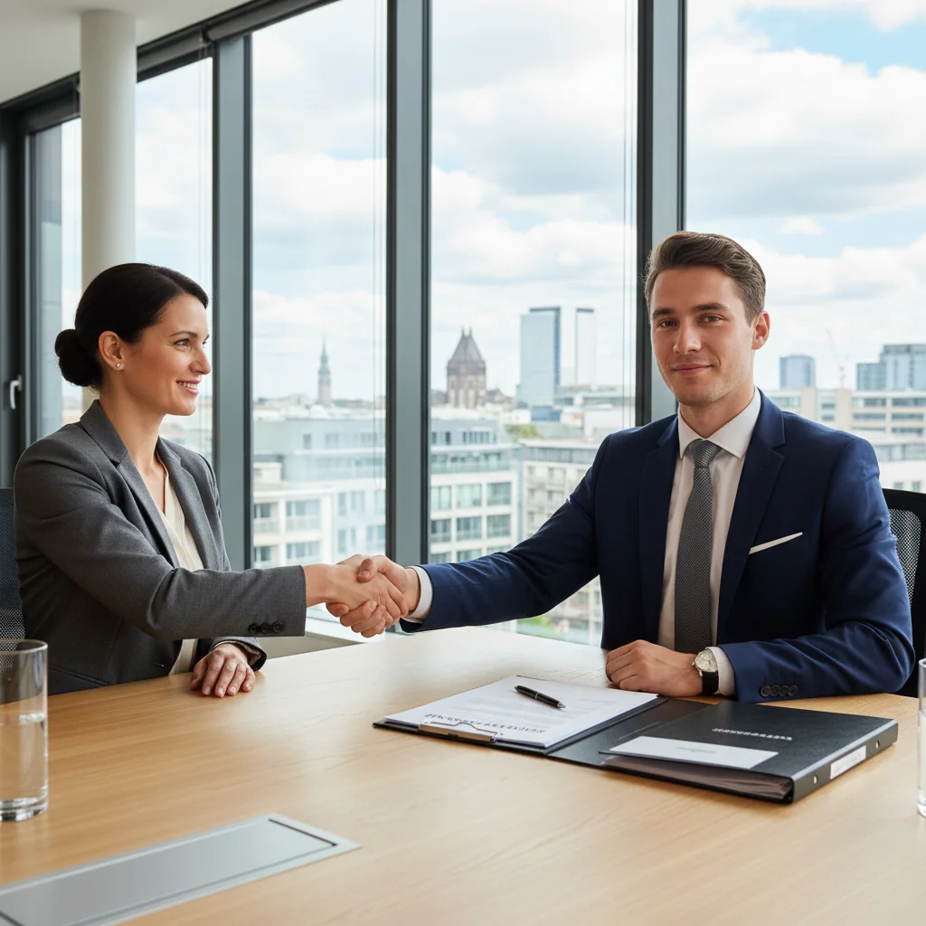A photorealistic image of a professional adult employee in a modern German office environment, signing an employment agreement at a desk with a colleague, symbolizing confidentiality and trust in the workplace. The scene conveys security and professionalism without showing any documents directly.