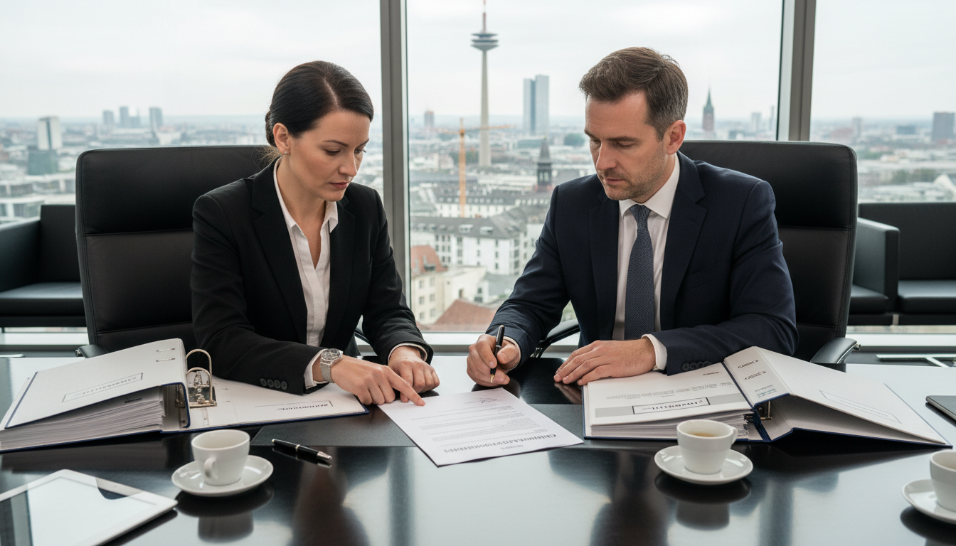 Business professionals reviewing legal papers