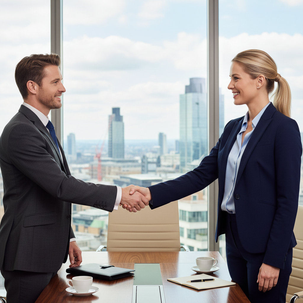 A photorealistic image depicting a professional handshake between two adults in a modern office environment, symbolizing the agreement and trust in employment non-disclosure agreements in the UK, with no children present and no visible documents.