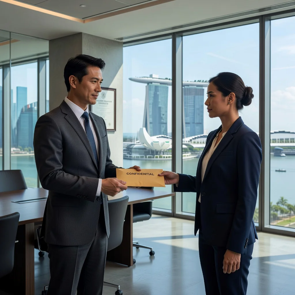 A photorealistic image of two professionals in a modern Singapore office, one handing a document to the other, symbolizing trust and confidentiality in employment agreements, with a city skyline view in the background.